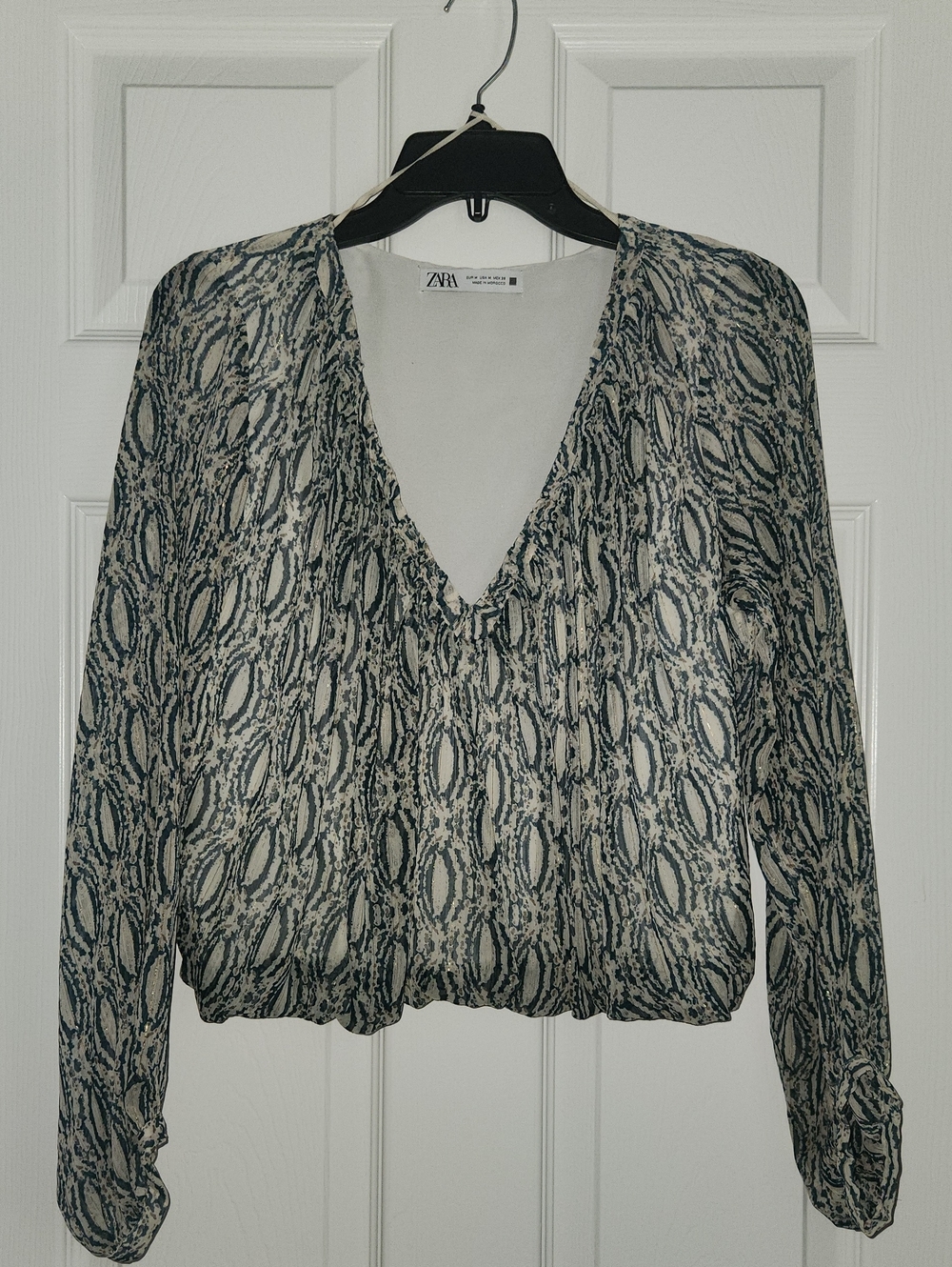 Zara Black and Cream Printed V-Neck Blouse